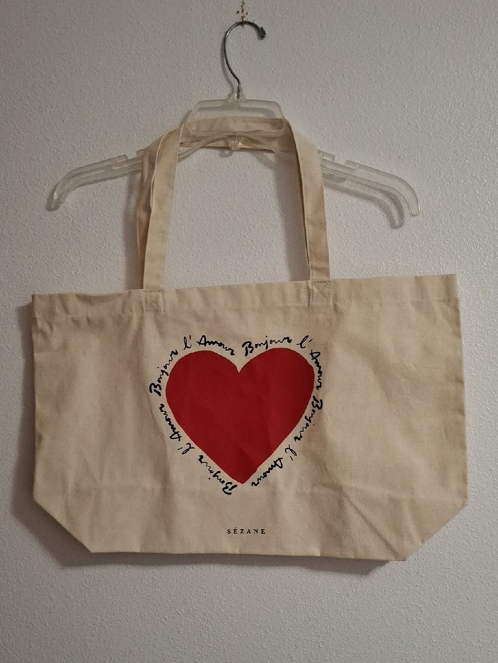 Sezane Cream Canvas Tote with Red Heart Print